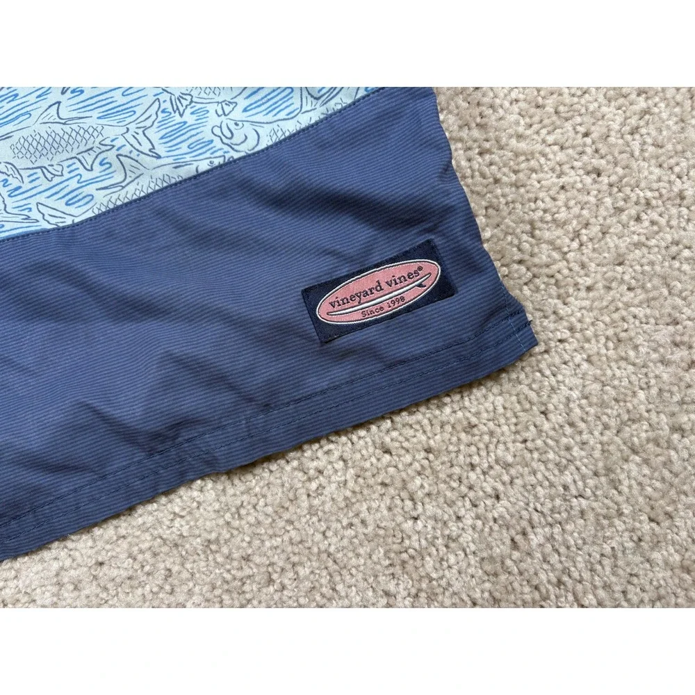 Vineyard Vines Mens XL Blue Colorblock Fish Chappy Swim Trunks 7 Inch Inseam